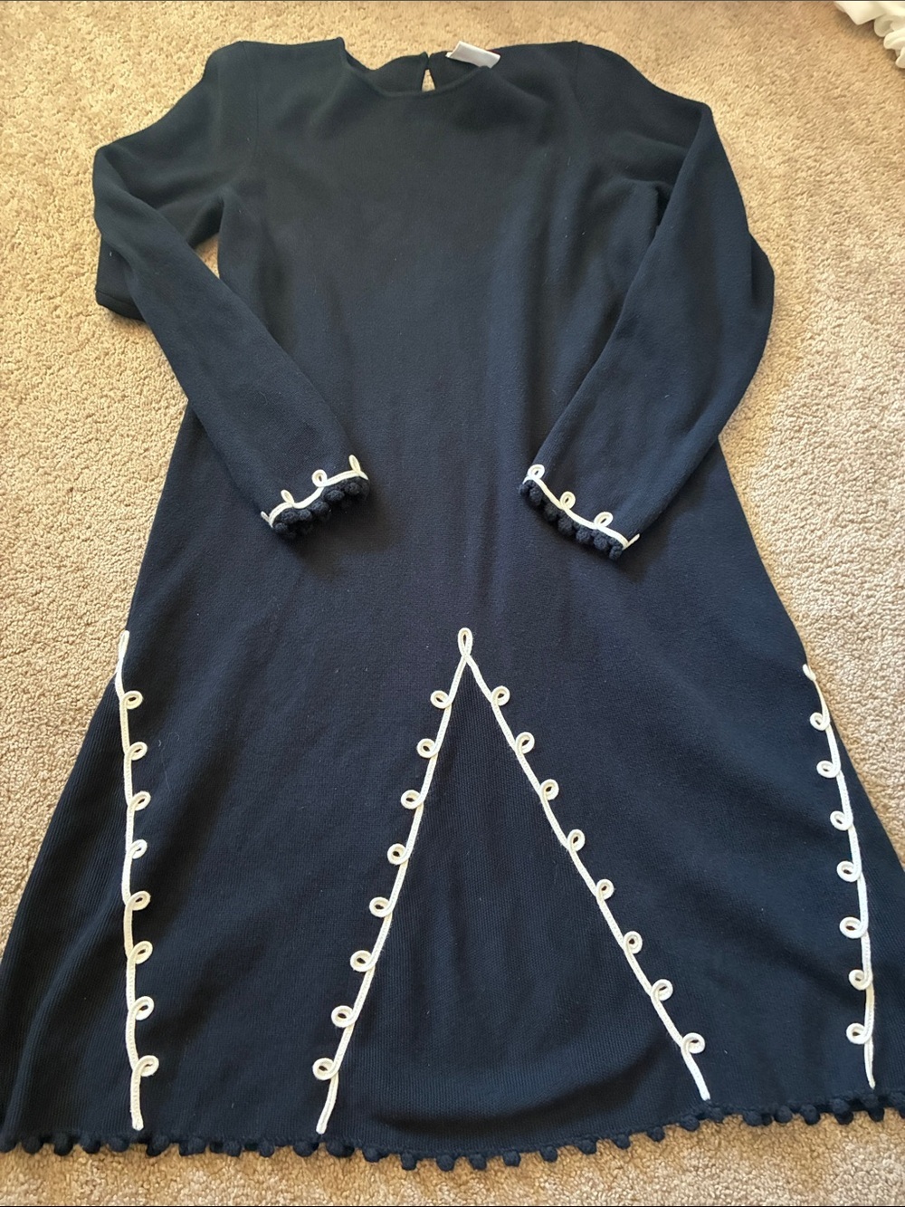 Hanna Andersson Girls 160 14/16 Navy Blue Soutache Pom Pom Knit Dress